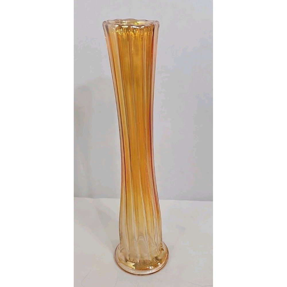 Vintage Marigold Carnival Glass Swung 9.5" Vase 1.3/4" Top Opening EUC